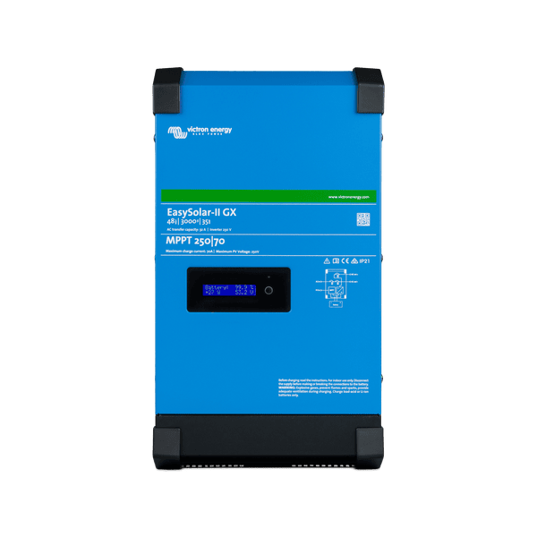 Front-on view of Victron EasySolar-II GX 48/3000 inverter charger display and system labels