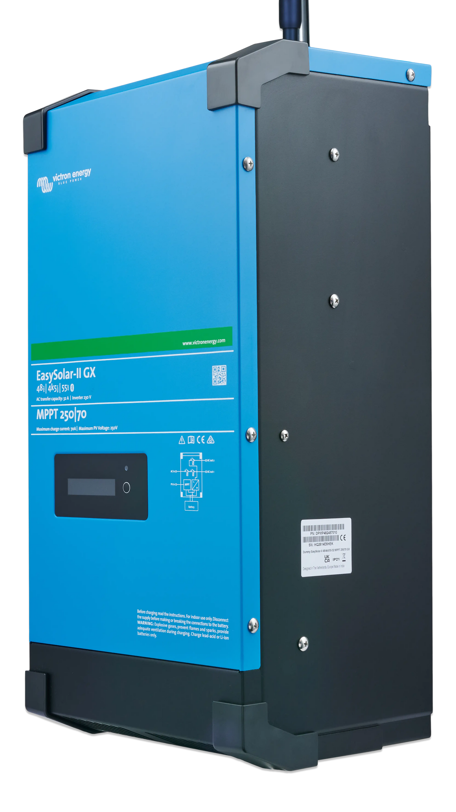 Left side of Victron EasySolar-II GX inverter charger featuring product identification and serial labels