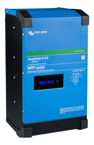 Three-quarter view of the Victron EasySolar-II GX integrated power solution in blue aluminium enclosure