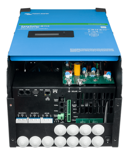 Bottom view of EasySolar-II GX with cover removed showing AC and DC terminals and internal components