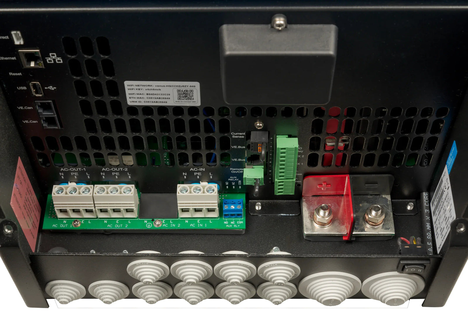 Internal view of the wiring bay in a Victron EasySolar-II GX power system