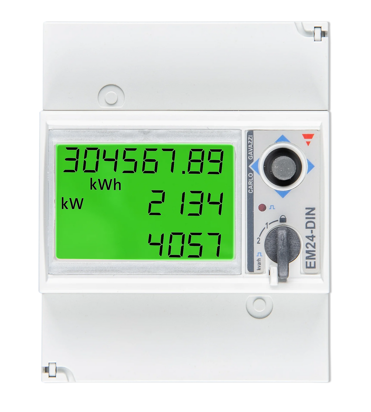 Front view of Victron EM24 3-phase energy meter with backlit LCD screen and navigation controls
