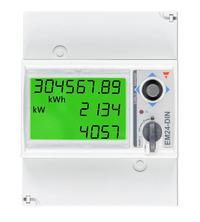 Front view of Victron EM24 3-phase energy meter with backlit LCD screen and navigation controls