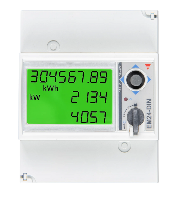 Front view of Victron EM24 3-phase energy meter with backlit LCD screen and navigation controls