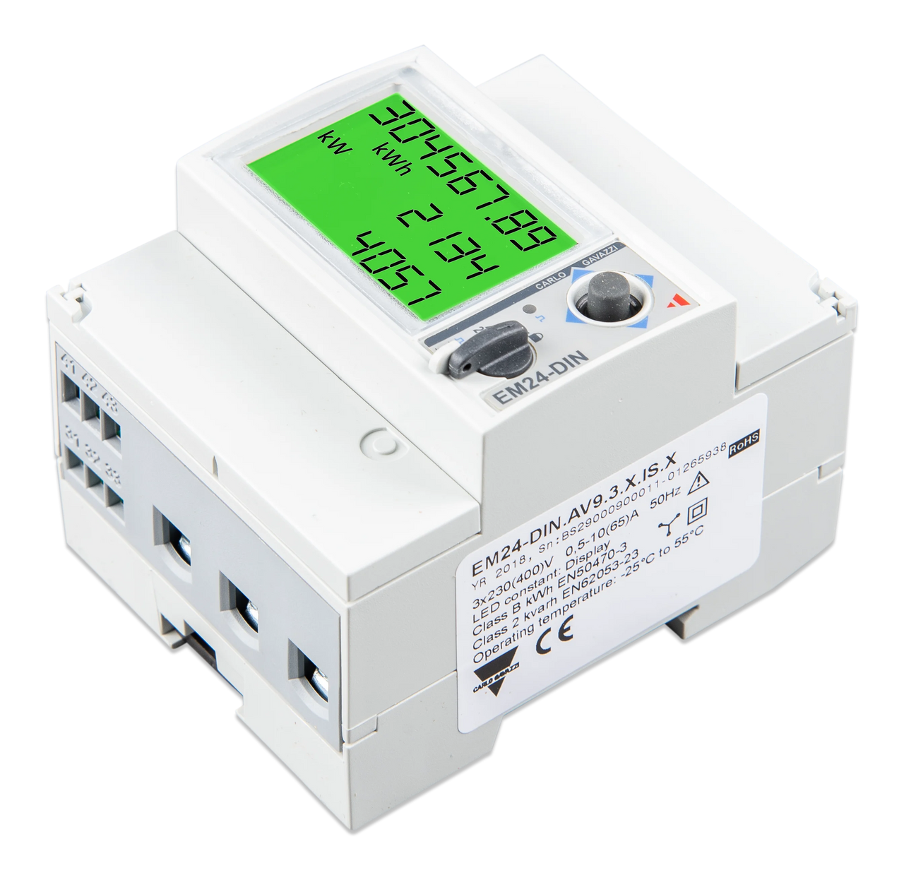 Isometric view showing terminal connections and product specifications label on a Victron EM24 meter