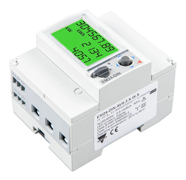 Isometric view showing terminal connections and product specifications label on a Victron EM24 meter
