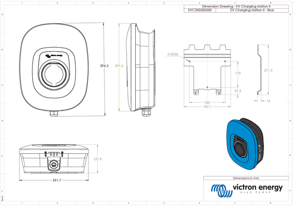 Dimensional drawing of the Victron EV Charging Station showing unit and bracket measurements in millimetres