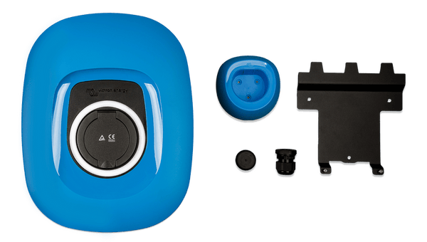 Victron EV charging station shown with wall-mount bracket, cable gland and installation accessories