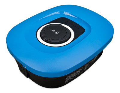Angled top-down view of the blue Victron EV charging station showing the curved enclosure design