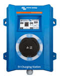 Front view of blue Victron EV charging station featuring a circular light ring and integrated LCD screen