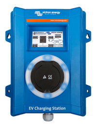 Front view of blue Victron EV charging station featuring a circular light ring and integrated LCD screen