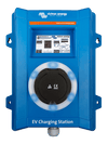 Front view of blue Victron EV charging station featuring a circular light ring and integrated LCD screen