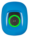 Front view of blue Victron EV charging station with a circular green LED status light ring