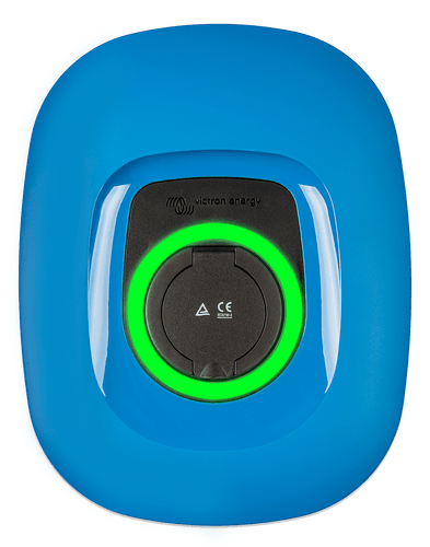 Front view of blue Victron EV charging station with a circular green LED status light ring