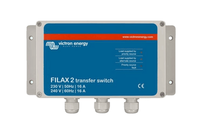 Victron Filax 2 transfer switch front panel with status indicators and cable glands