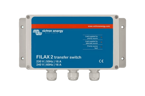 Victron Filax 2 transfer switch front panel with status indicators and cable glands
