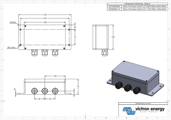 Dimensional drawing of the Filax 2 transfer switch with body and mounting measurements in millimetres