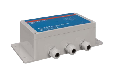Three-quarter view of the Filax 2 transfer switch showing the depth of the grey ABS enclosure