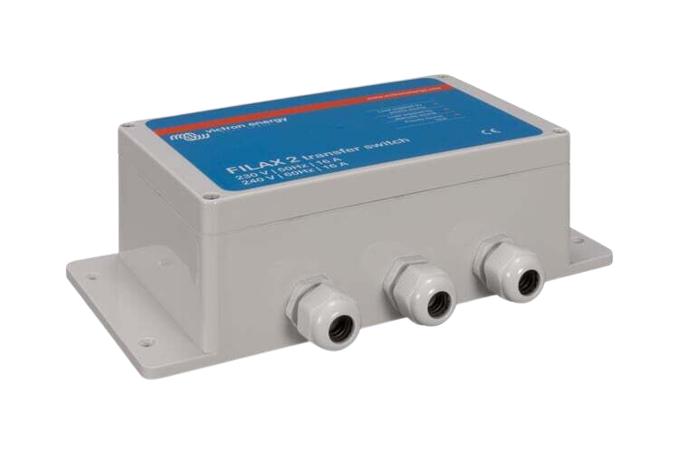 Three-quarter view of the Filax 2 transfer switch showing the depth of the grey ABS enclosure