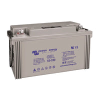 Isometric view of Victron 130Ah deep cycle battery with integrated carry handles