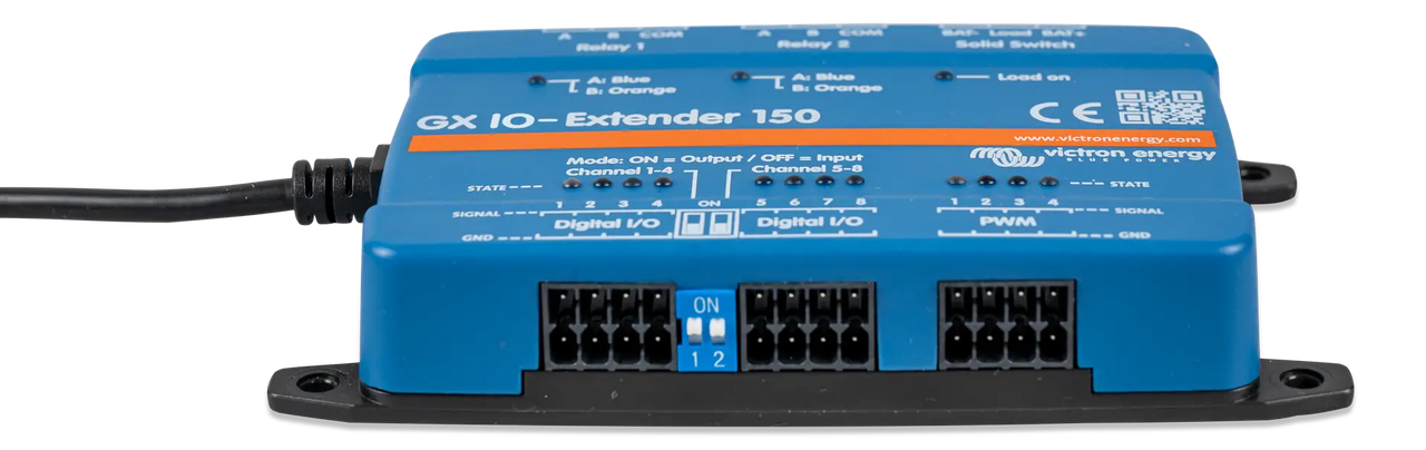 Front view of Victron GX IO-Extender 150 showing terminal block connectors and dip switches