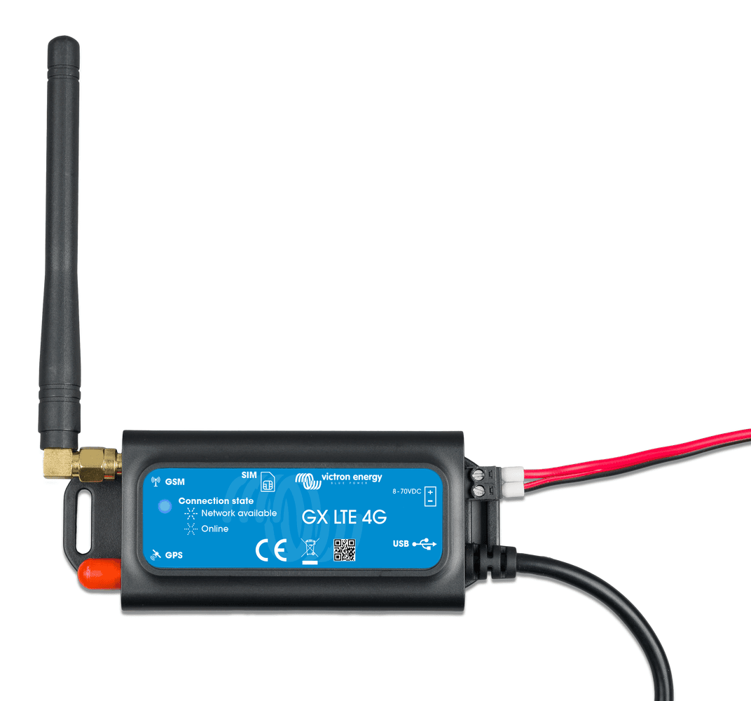Victron GX LTE 4G modem with connected GSM antenna and DC power wiring attached