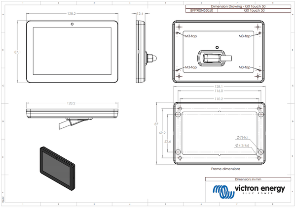 Dimensional drawing of the Victron GX Touch 50 display unit and mounting frame in millimetres