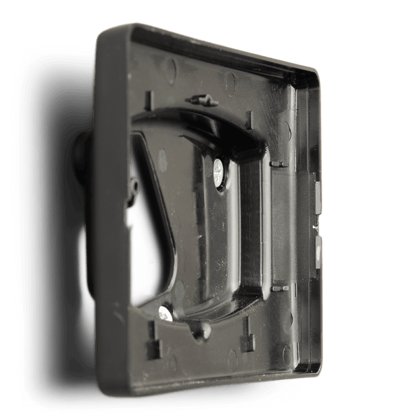 Profile view of the rear side of the black wall mount enclosure