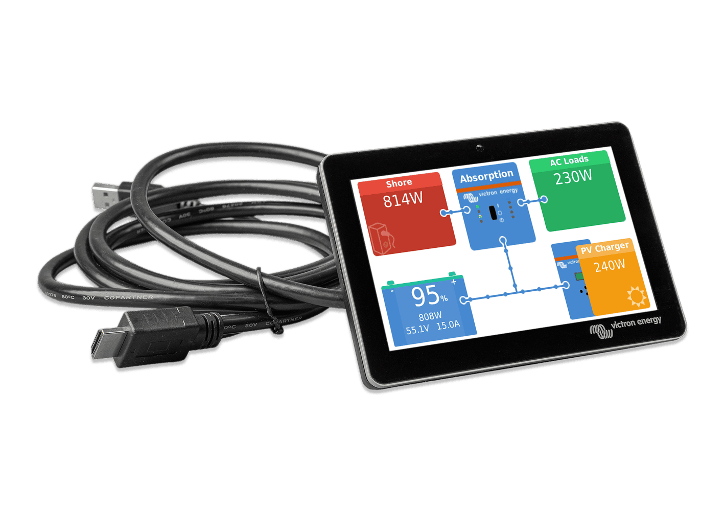 Victron GX Touch 50 touchscreen display showing live power system data and connected cable