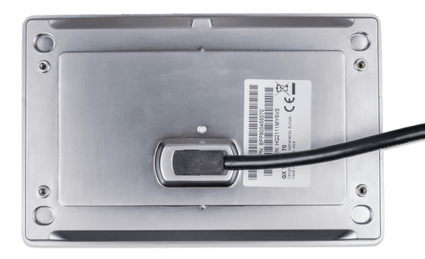 Rear panel of the 7 inch touch screen showing product labels and cable entry