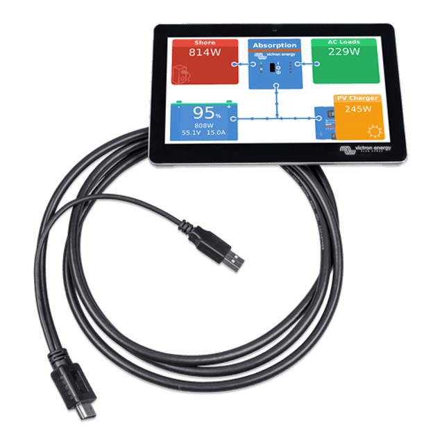 Victron GX Touch 70 display with system dashboard showing power flow and connection cable
