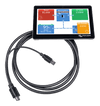 Victron GX Touch 70 display with system dashboard showing power flow and connection cable