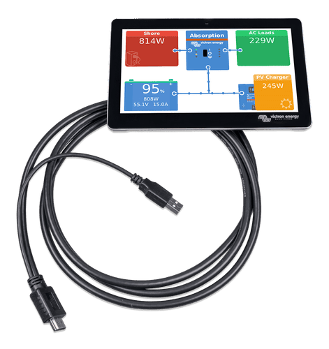 Victron GX Touch 70 display with system dashboard showing power flow and connection cable
