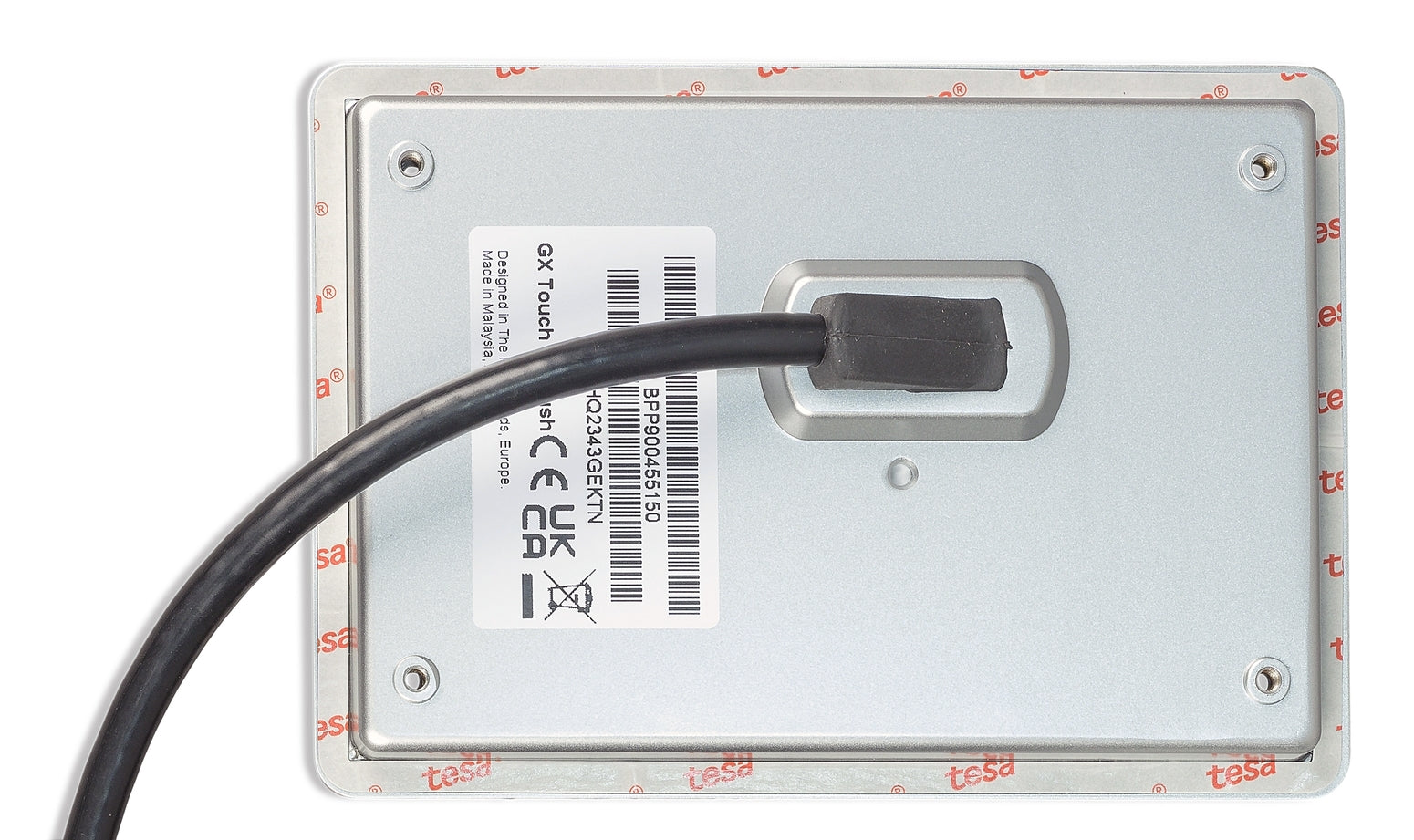 Close-up of integrated connection cable entry and identification label on the rear of the monitoring screen