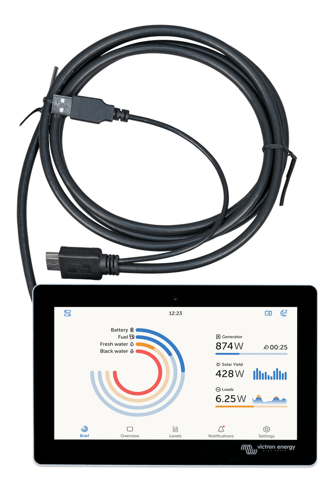 7-inch touch screen display showing power and tank monitoring interface with integrated HDMI and USB cable