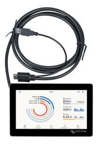 7-inch touch screen display showing power and tank monitoring interface with integrated HDMI and USB cable