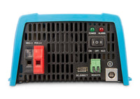 Rear panel of Victron inverter showing DC screw terminals, VE.Direct port, and power switch