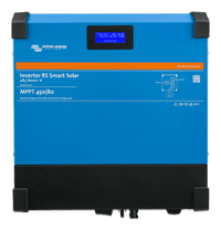 Front view of blue Victron Inverter RS 48/6000 showing LCD screen and integrated solar controller labels