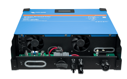 Bottom connection panel of the Victron RS Inverter showing cooling fans and wiring terminals