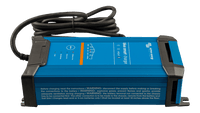 Side view of blue battery charger showing cooling fins and safety warning labels