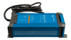 Side view of blue battery charger showing cooling fins and safety warning labels