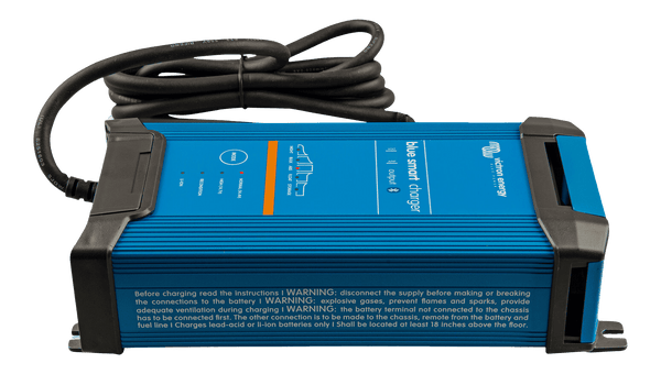 Side view of blue Victron battery charger with AS/NZS 3112 Australian power plug