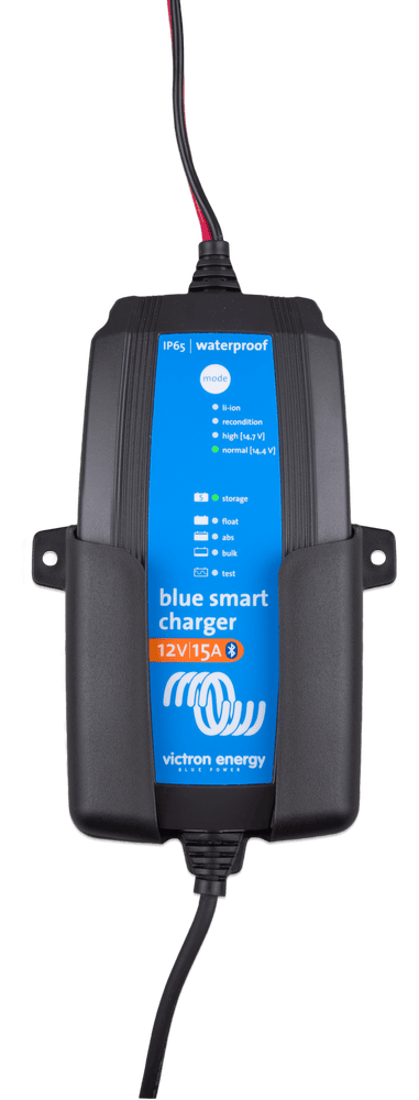 Overhead view of a Blue Smart charger 12V 15A fitted into the wall mount bracket