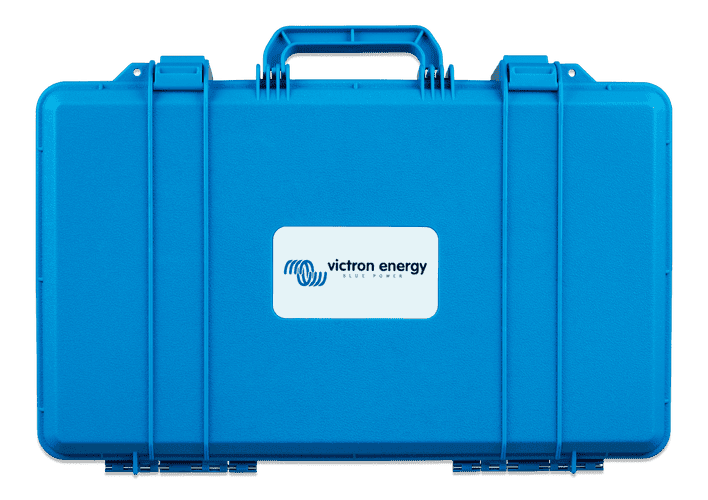 Front view of the blue Victron protective carry case for IP65 chargers