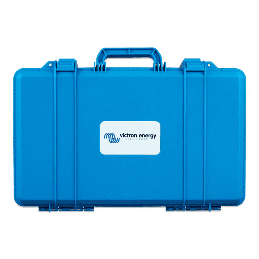Front view of the blue Victron protective carry case for IP65 chargers