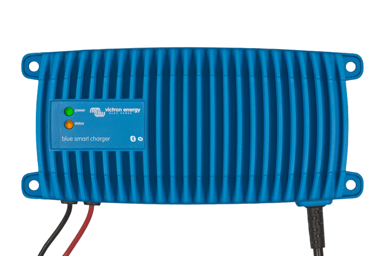 Top view of the IP67 charger's blue aluminium casing showing LED status indicators and Bluetooth branding