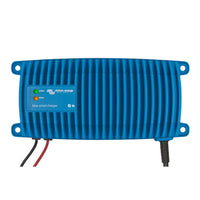 Top view of blue aluminium battery charger housing with status LEDs and cooling fins