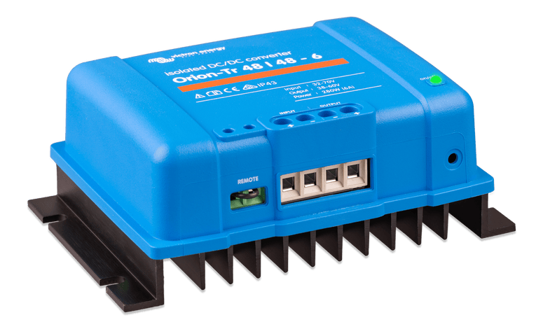 Angled view of the blue DC-DC converter showing the remote port and internal terminal blocks