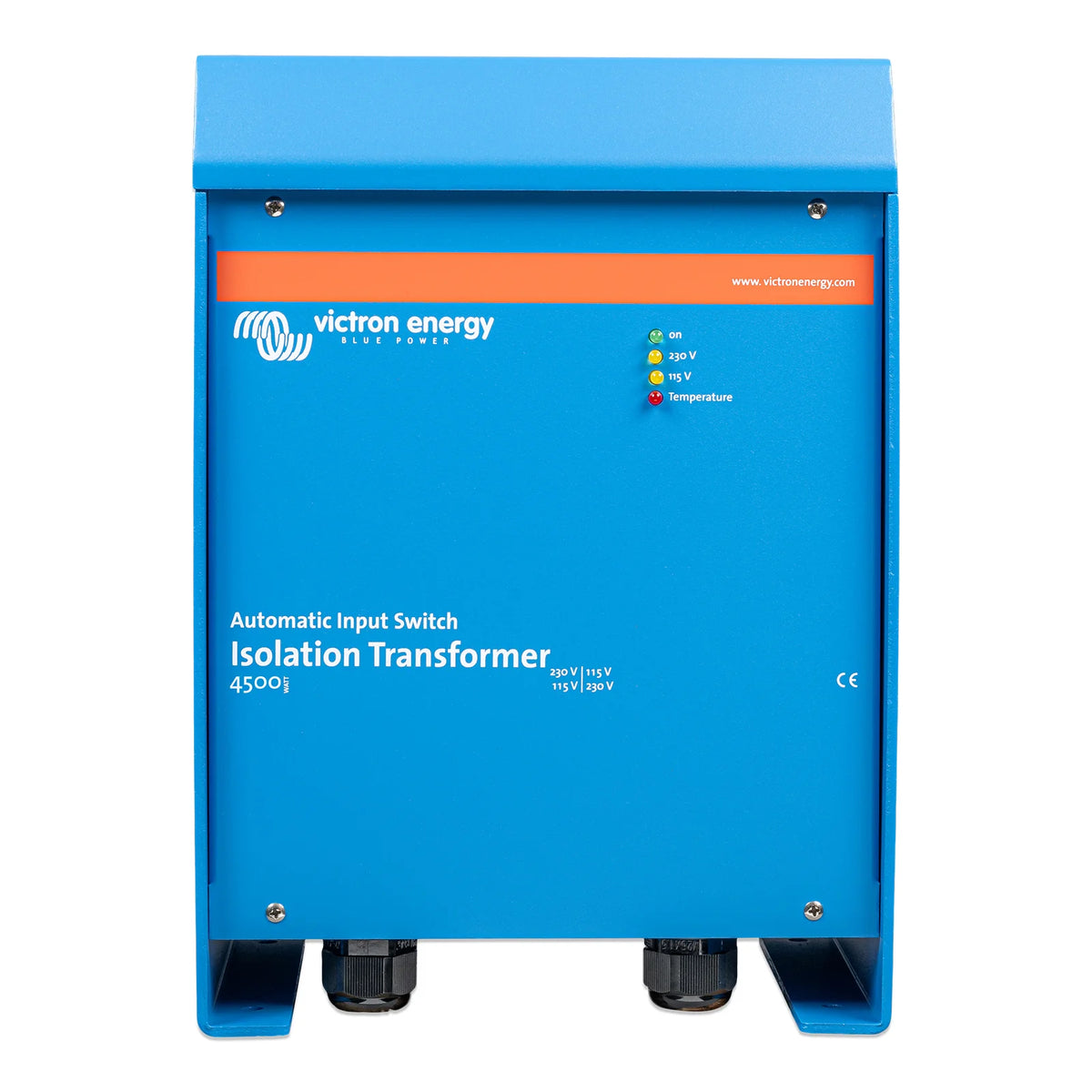 Front of Victron 4500W isolation transformer showing status LEDs and Automatic Input Switch label