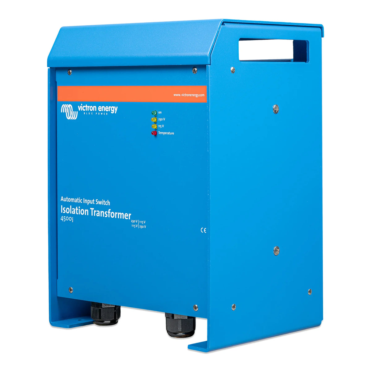 Side view of the blue aluminium enclosure for the Victron isolation transformer